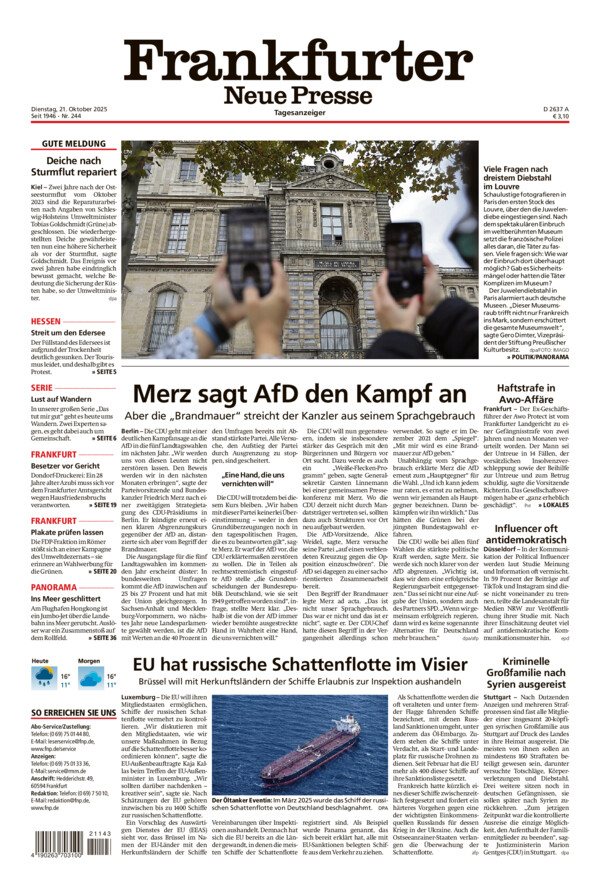 Frankfurter Neue Presse vom Dienstag, 21.10.2025