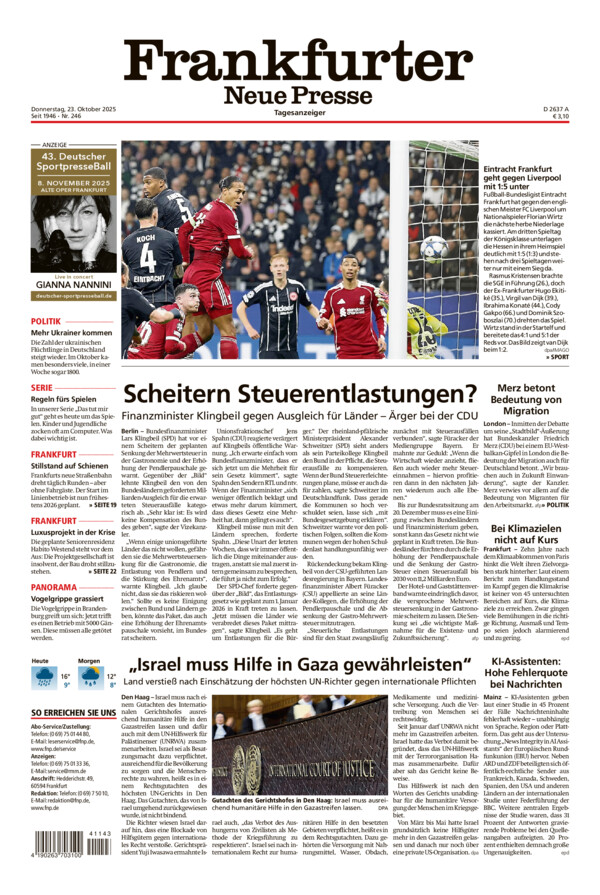 Frankfurter Neue Presse vom Donnerstag, 23.10.2025