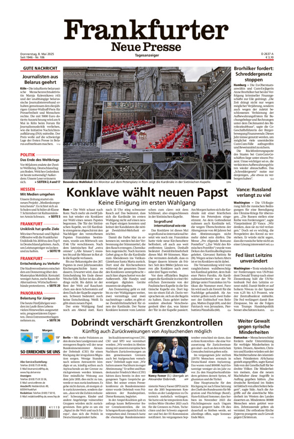Frankfurter Neue Presse vom Donnerstag, 08.05.2025