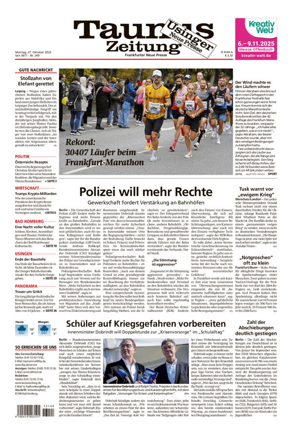 Usinger Neue Presse vom Montag, 27.10.2025